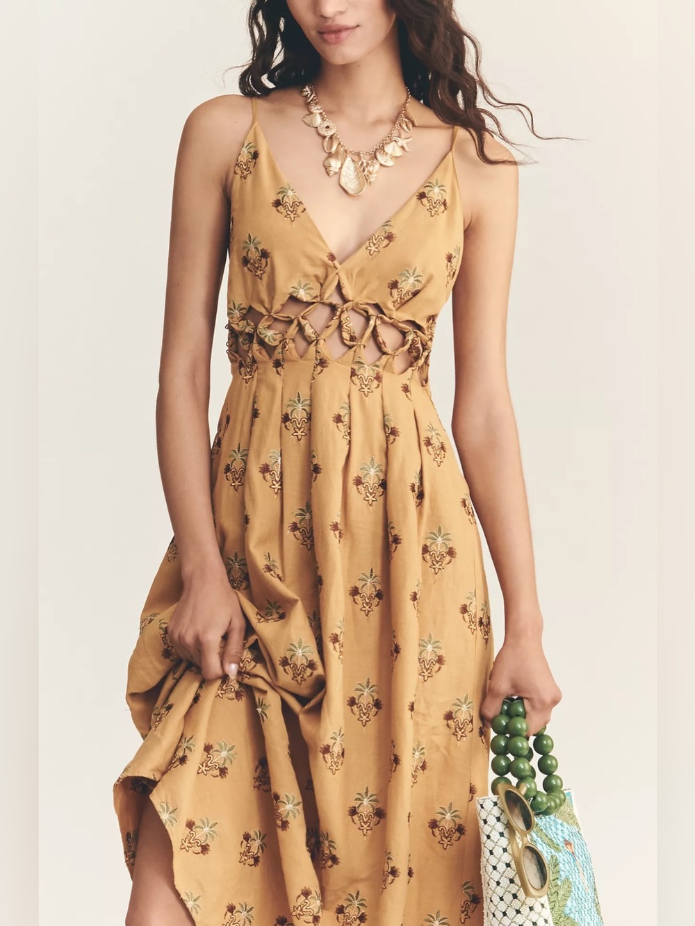 Farm Rio Printed Linen Blend V-Neck Cutout A-Line Midi Dress Size S - Picture 2 of 8